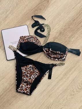 🆕🐆 Victoria Secret Y2K Archives Leopard Chain Brazilian Bikini Set Medium NWT